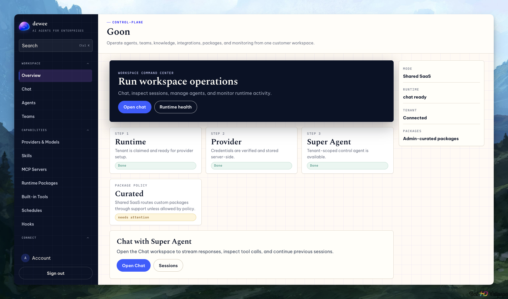 dewee control plane dashboard: workspace command center with runtime, provider and super agent setup steps, curated package policy, and chat with super agent