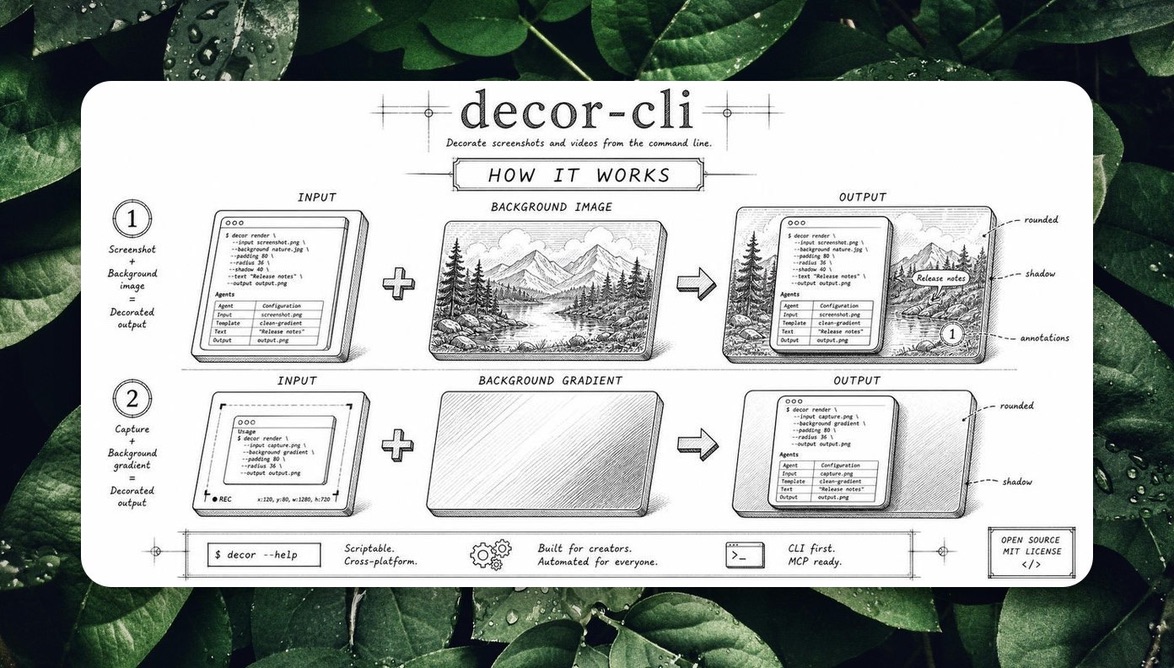 decor-cli how-it-works poster: screenshot plus background image or gradient equals decorated output, with annotations, arrows and shapes