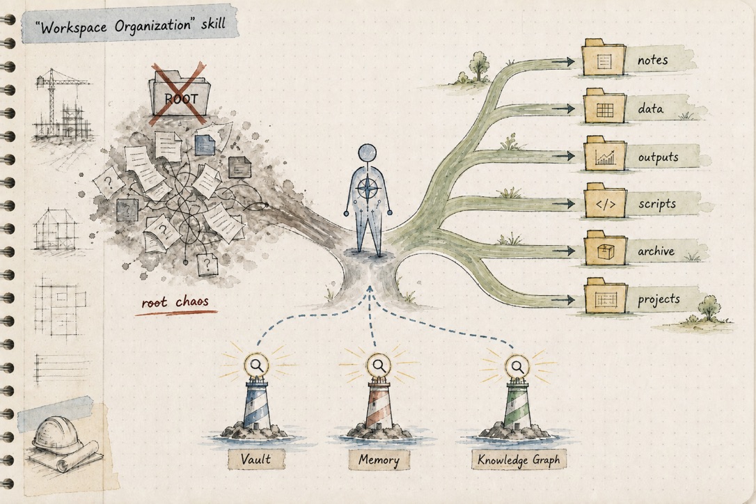 Watercolor illustration of the workspace organization skill: root chaos of scattered files transformed into tidy folders for notes, data, outputs, scripts, archive and projects, guided by three lighthouses labeled Vault, Memory and Knowledge Graph