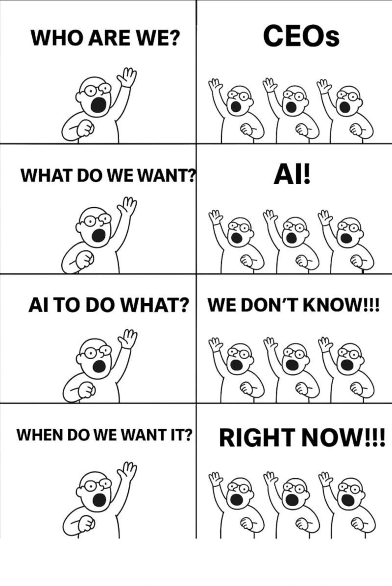 Comic: CEOs chanting who are we, CEOs. What do we want, AI. AI to do what, we don't know. When do we want it, right now