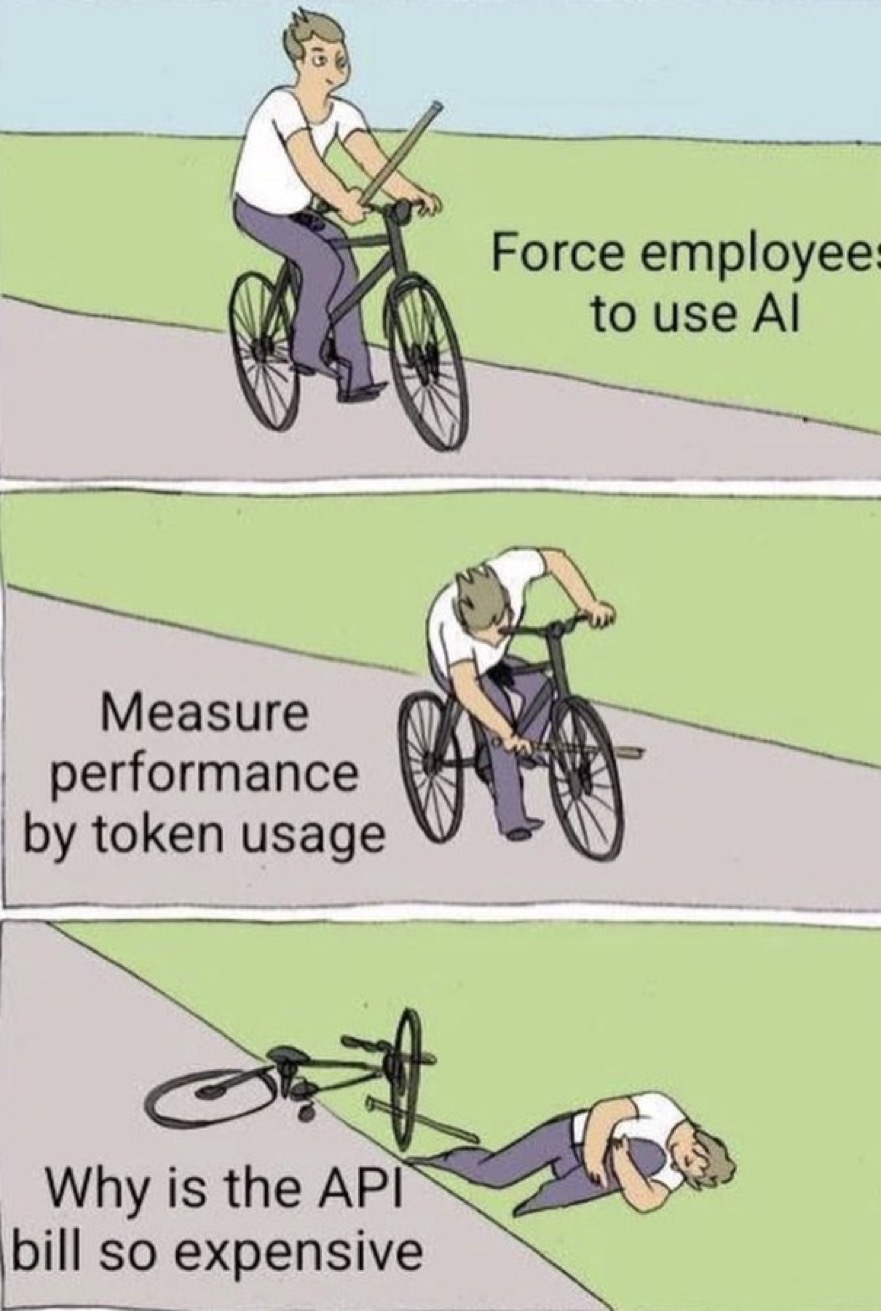 Bike fall meme: force employees to use AI, measure performance by token usage, why is the API bill so expensive