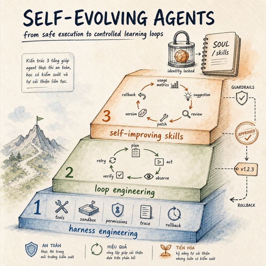 Watercolor diagram of a three-tier pyramid: harness engineering with tools, sandbox, permissions, trace and rollback; loop engineering with plan, act, observe, verify, retry; self-improving skills with usage metrics, suggestion, review, patch and versioning, under guardrails with approval and rollback