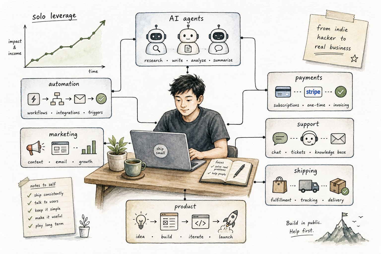 Watercolor illustration of a solopreneur at a laptop surrounded by AI agents handling research, automation, marketing, payments, support, shipping and product, with a solo leverage growth chart