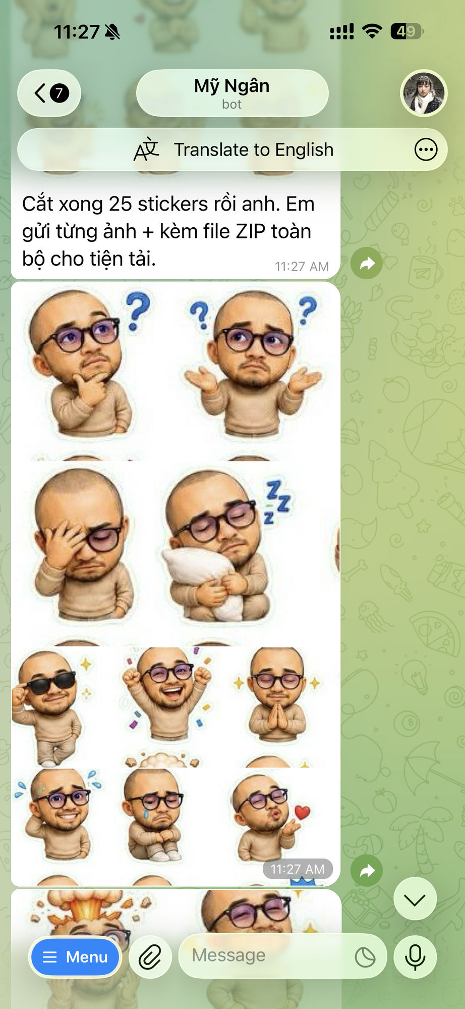 Telegram chat: agent cuts a 5x5 sticker grid into 25 individual sticker images and returns them with a ZIP file