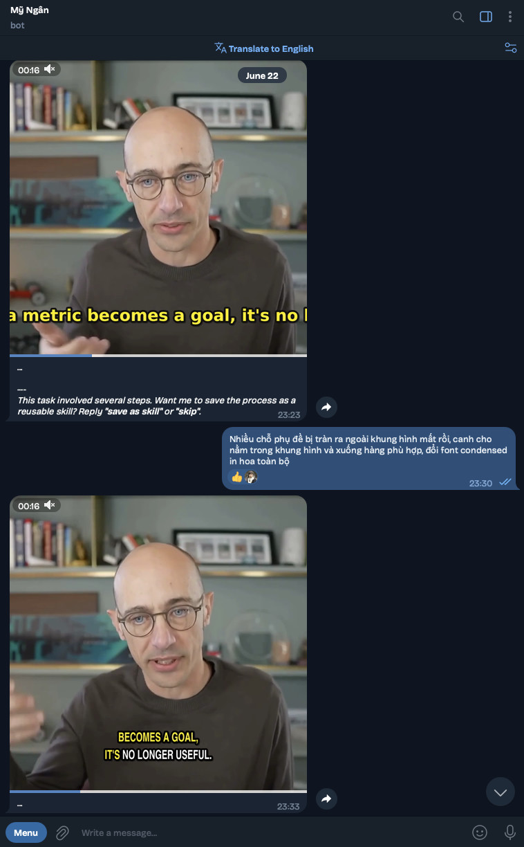 Telegram chat with a dewee agent: first subtitled video overflows the frame, user sends one Vietnamese sentence of feedback, agent returns the corrected version