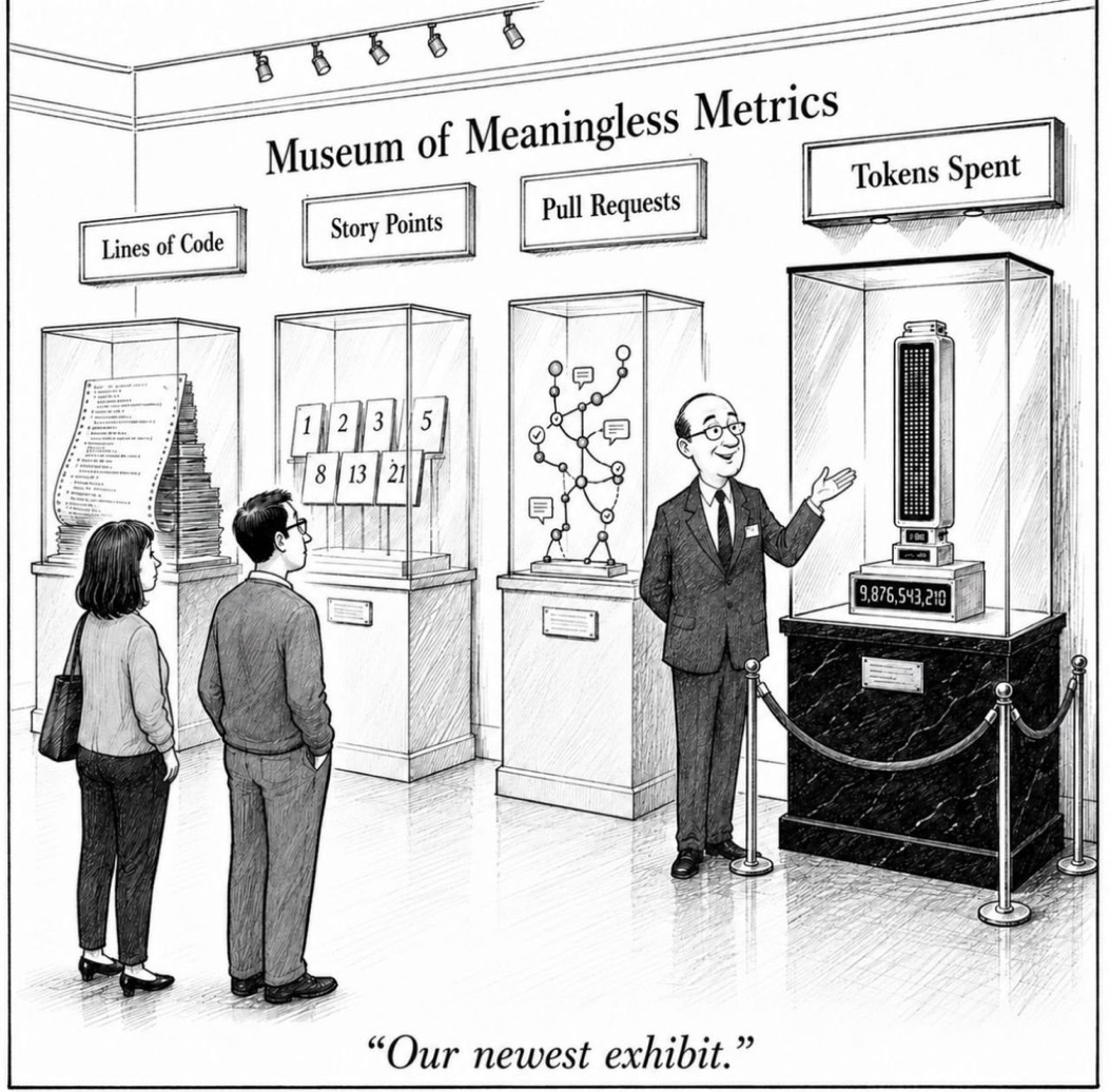 Cartoon: Museum of Meaningless Metrics with exhibits for lines of code, story points, pull requests, and the newest exhibit, tokens spent